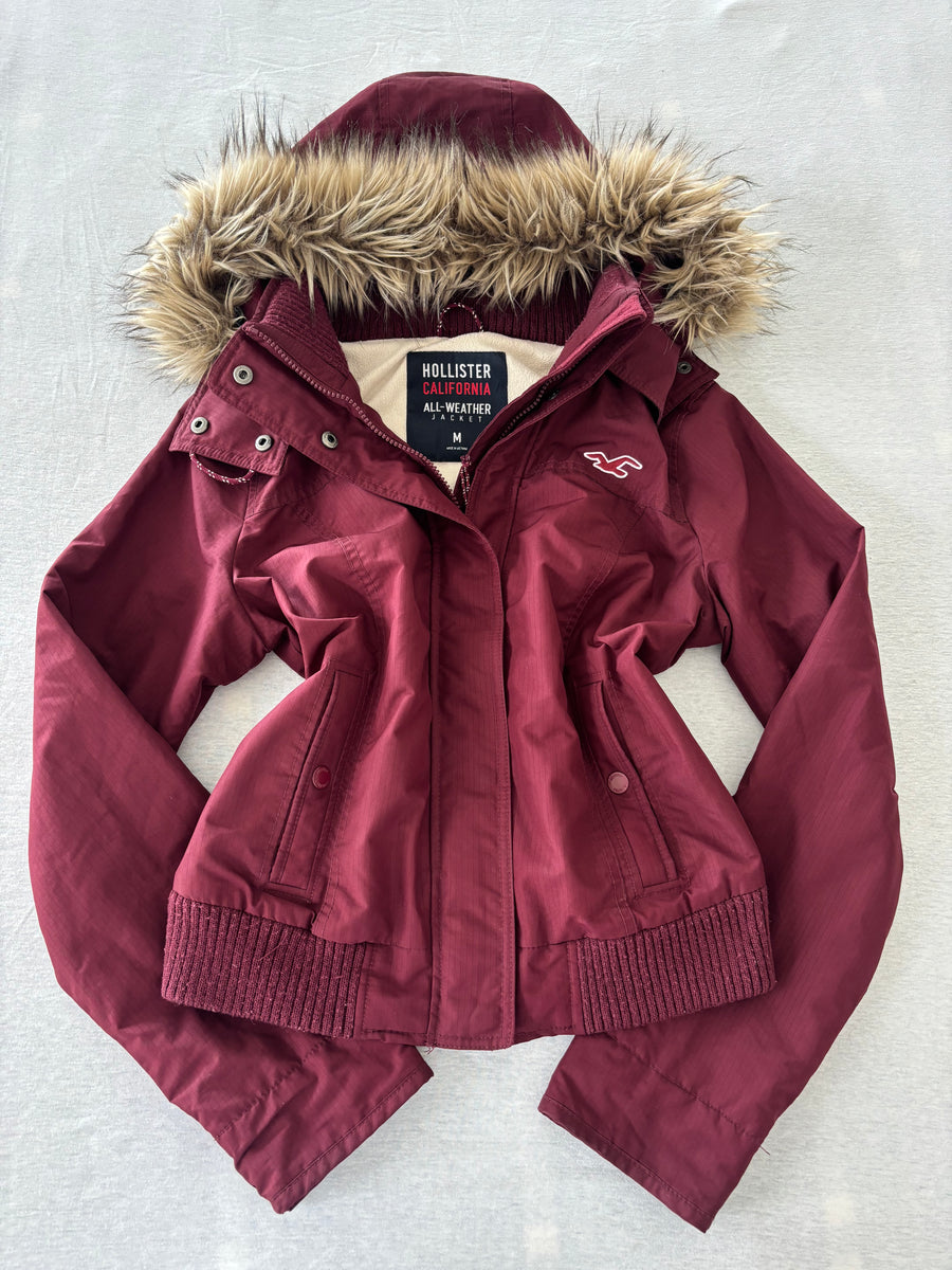 Hollister All-Weather Jacke Burgundy Fellkapuze Fleece Gr. M