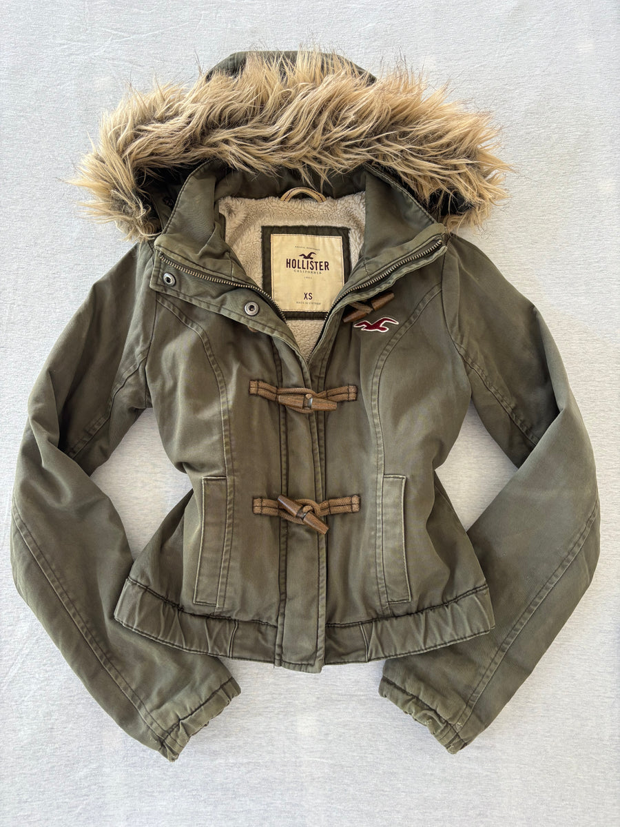 Hollister Jacke Oliv Fellkapuze Dufflecoat Vintage 2000s Gr. XS