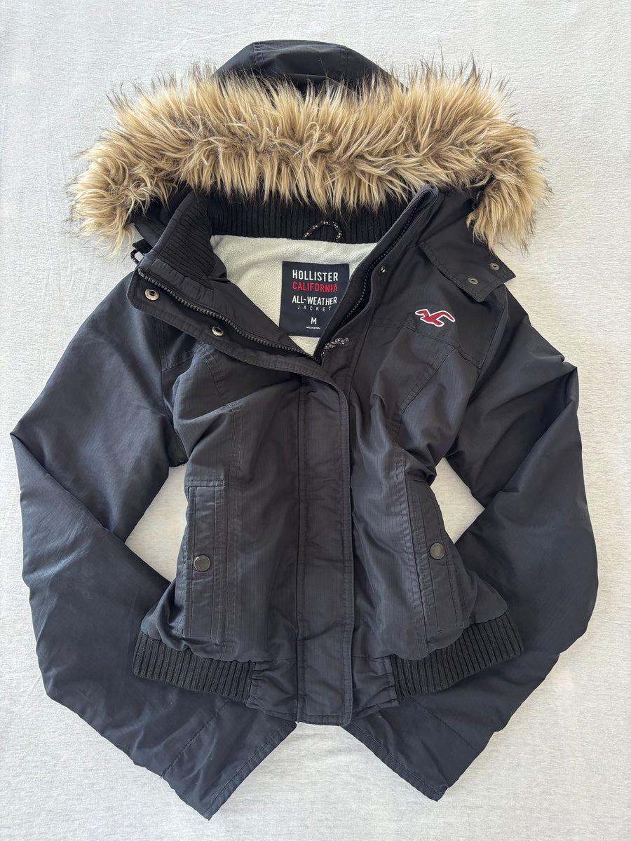 Hollister All-Weather Jacke Schwarz Fellkapuze Bomber Vintage Gr. M