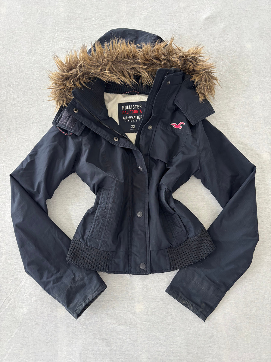 Hollister All-Weather Jacke Navy Fellkapuze Bomber Vintage Gr. XS