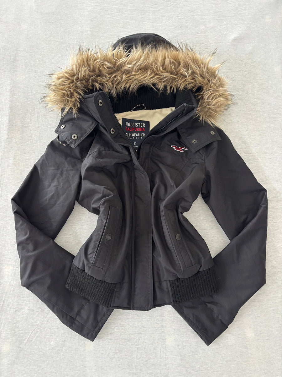Hollister All-Weather Jacke Schwarz Fellkapuze Fleece Gr. S