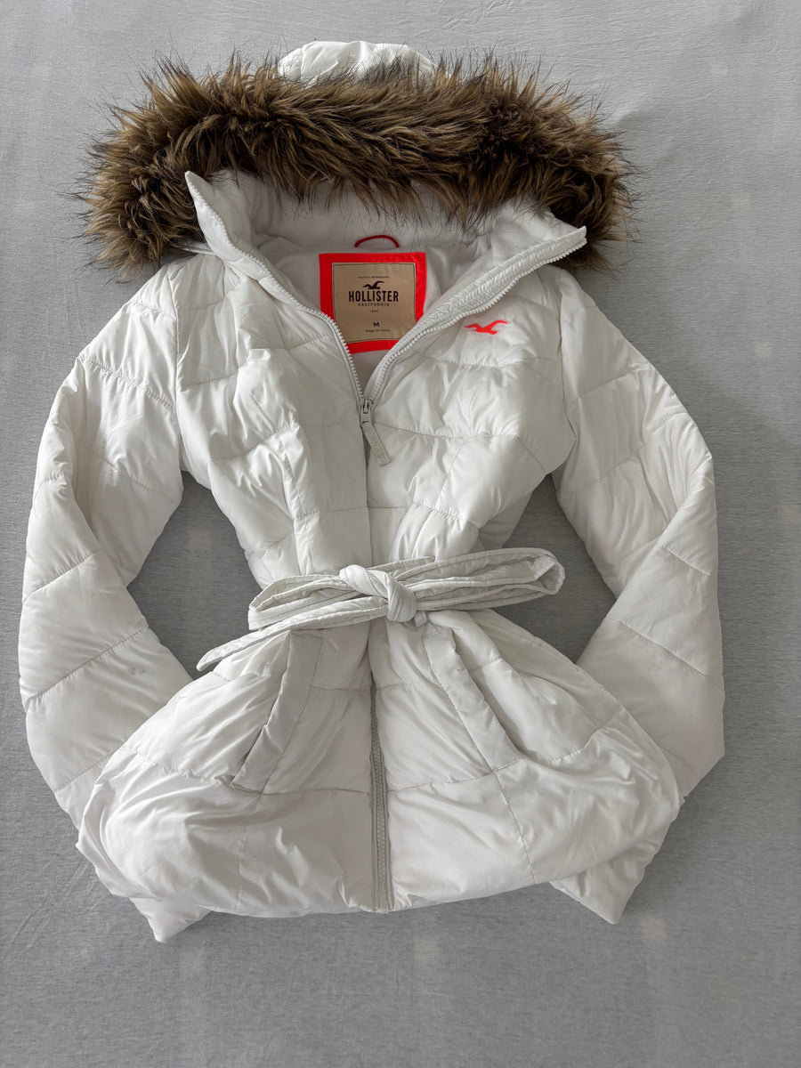 Hollister Pufferjacke Weiß Fellkapuze Gürtel Neon Gr. M