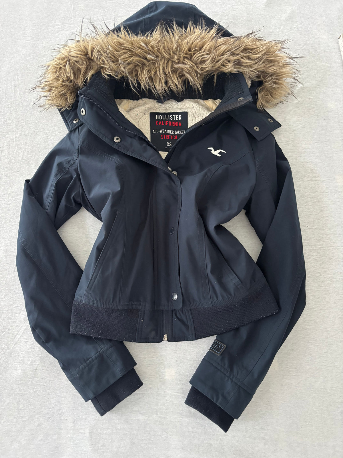 Hollister All-Weather Jacke Stretch Navy Fellkapuze Teddyfutter Gr. XS