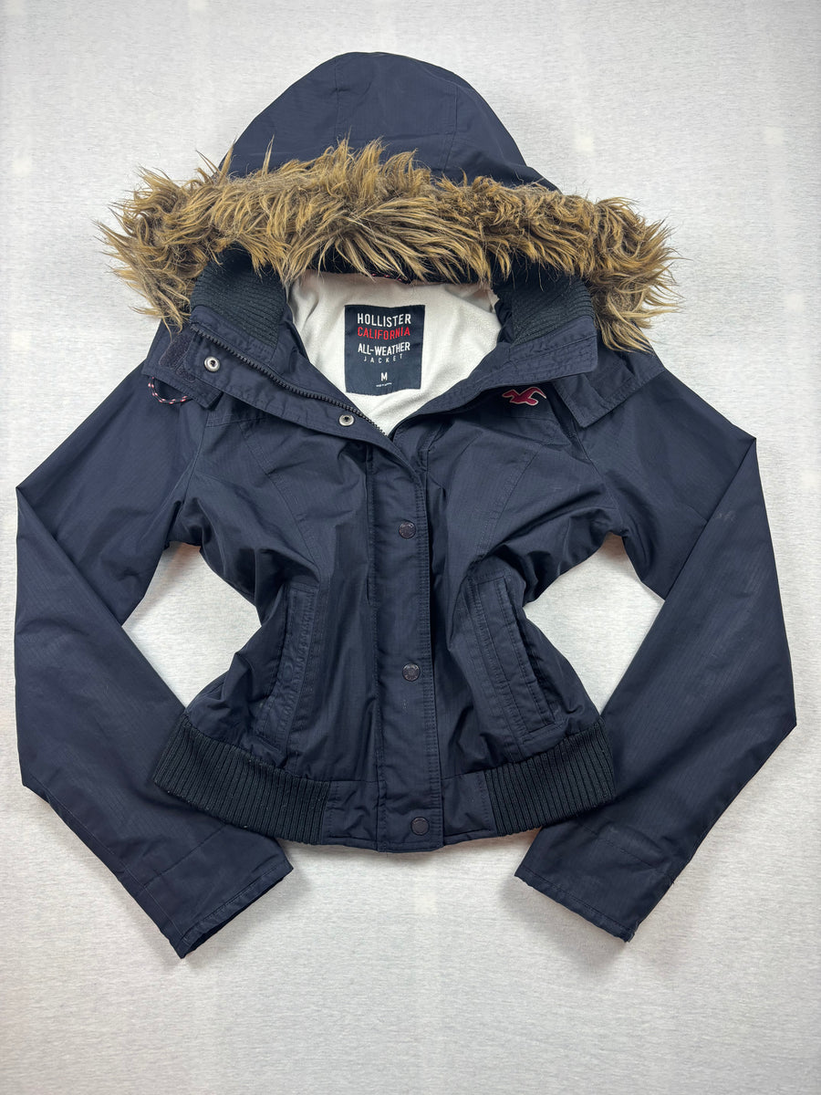 Vintage Hollister All-Weather Jacke Navy Fellkapuze Fleece Gr. M
