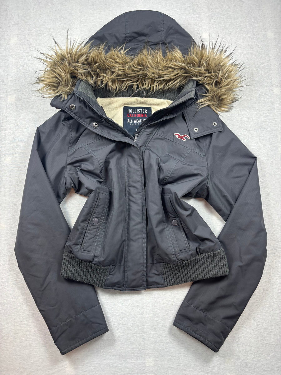 Vintage Hollister All-Weather Jacke Dunkelgrau Fellkapuze Fleece